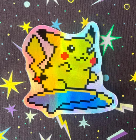 Holographic Surfing Pikachu Sticker | Retro Pokemon Vinyl Decal | Waterproof Gaming Sticker for Laptop, Water Bottle, Phone