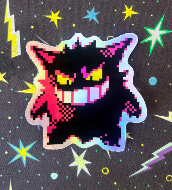 Holographic Pixel Gengar Sticker | Gen 2 Retro Pokemon Vinyl Decal | Spooky Ghost-Type Gaming Sticker for Laptop & Water Bottle