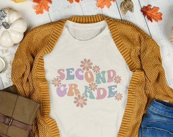Second Grade T-Shirt // Groovy Wavy Hippie Font with Flower Power Daisies // First Day of School Teacher Shirt // Vintage Distressed