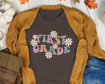 First Grade T-Shirt // Groovy Wavy Hippie Font with Flower Power Daisies // First Day of School Teacher Shirt // Vintage Distressed