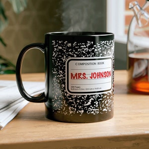 Custom Teacher Mug // Composition Notebook Black and White Marble Pattern // Personalized Name Tag