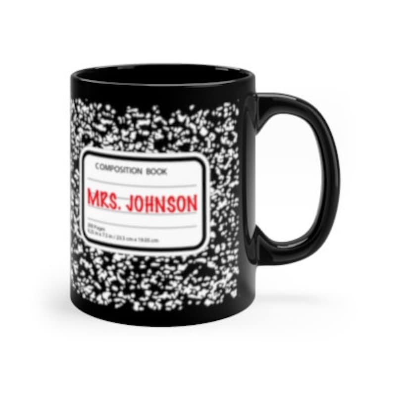 Custom Teacher Mug // Composition Notebook Black and White Marble Pattern // Personalized Name Tag image 2