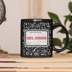 Custom Teacher Mug // Composition Notebook Black and White Marble Pattern // Personalized Name Tag image 5