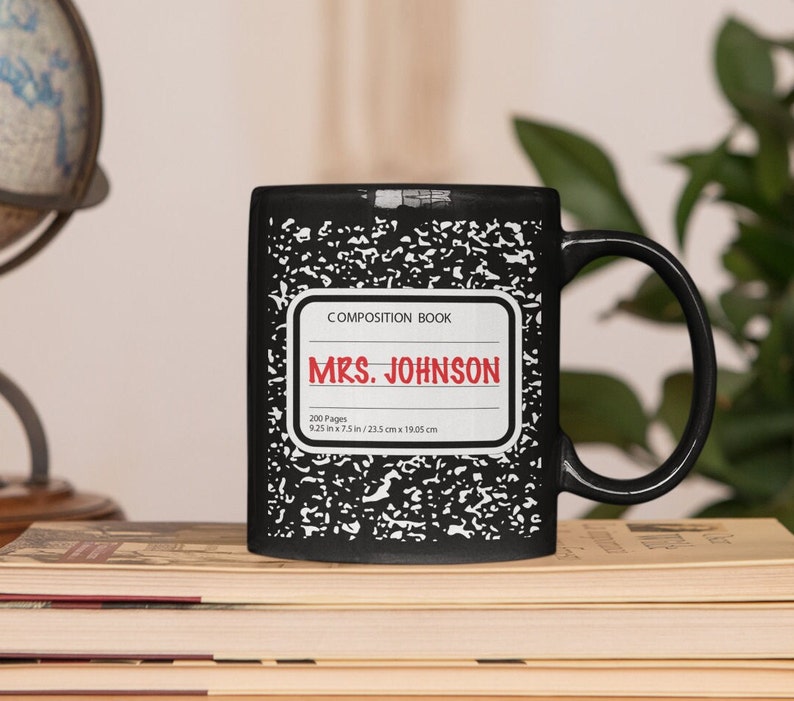 Custom Teacher Mug // Composition Notebook Black and White Marble Pattern // Personalized Name Tag image 5