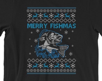 Ugly Christmas Sweater-Style "Merry Fishmas" Fishing Short-Sleeve Unisex T-Shirt