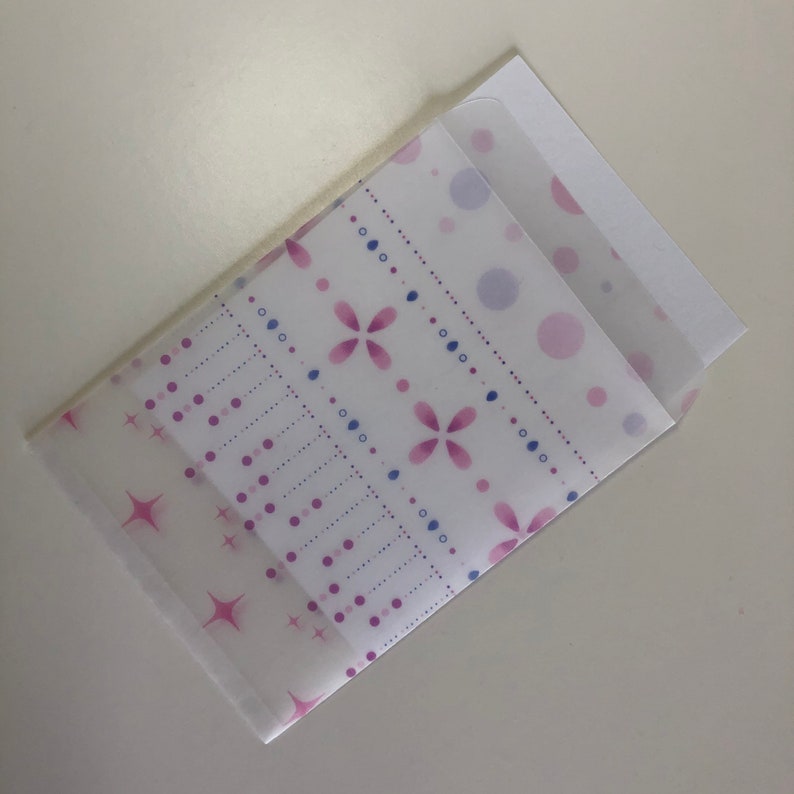 Pink 4x3 inch pack of five bags Printed vellum flat bags
