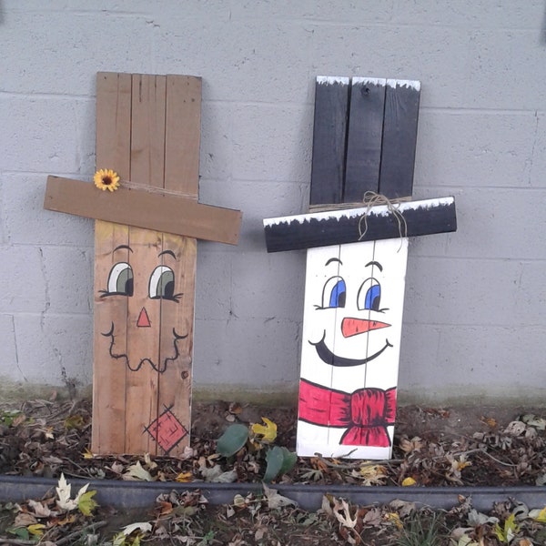 Reversible scarecrow snowman reclaimed leaning pallet sign large, double or single sided