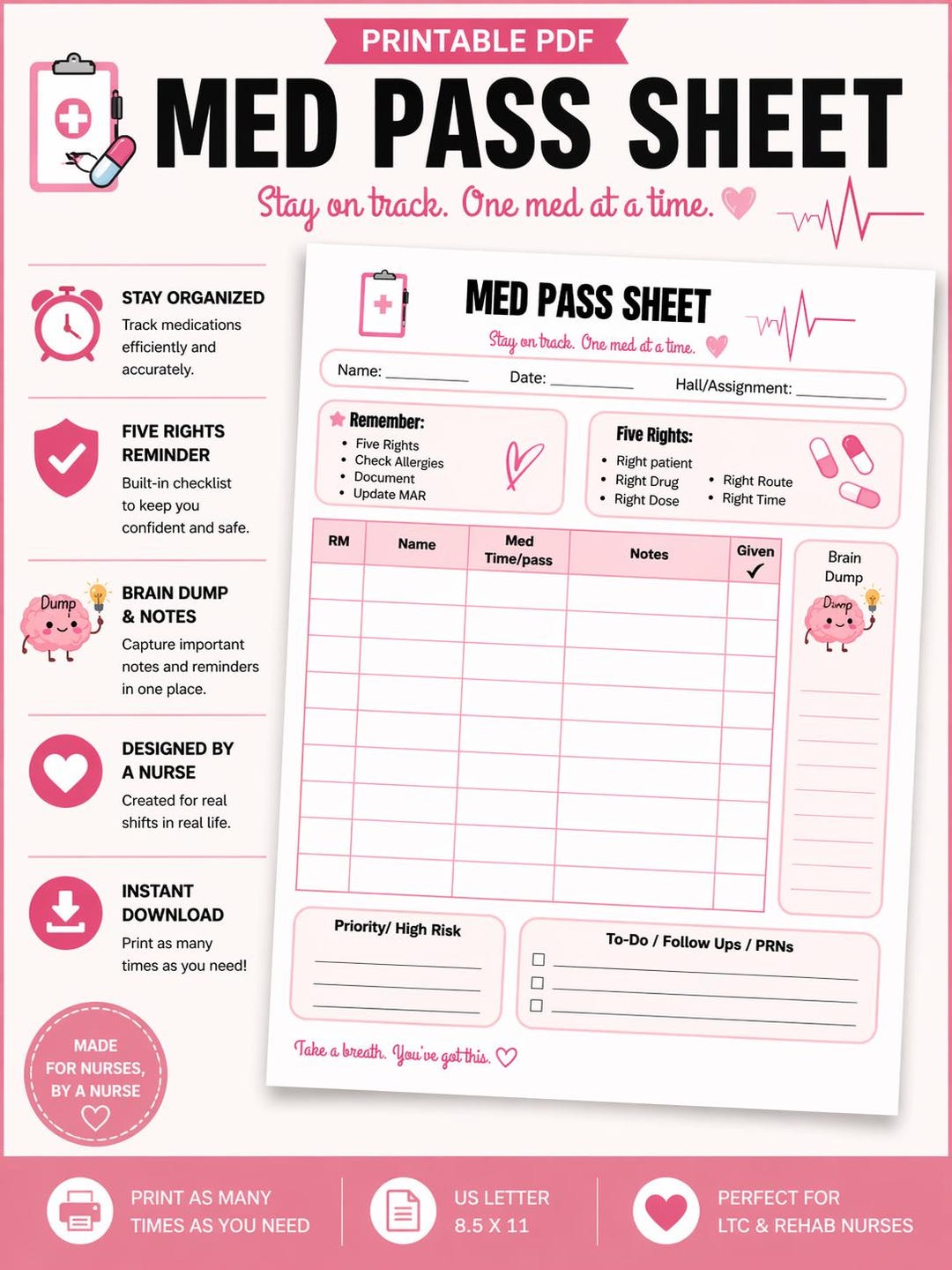 Medication Pass Observation Worksheet.pdf Nurse Med Pass Sheet Printable PDF | Medication Tracker | CNA Brain ...