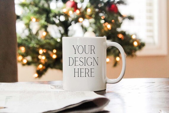 11 Ounce Mug Mockup In Front Of Christmas Tree Etsy