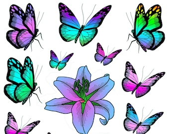 Rainbow Butterfly Flowers Lily  Summer Festival Temporary Tattoos Pink Purple Costume Accessories