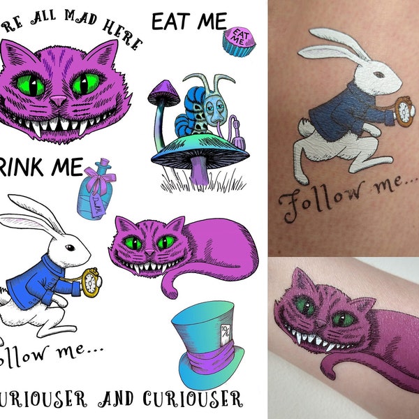 Halloween Crazy Cat Fancy Dress Temporary Tattoos, Cheshire Cat, White Rabbit, Eat me,Drink me, Mad hatter