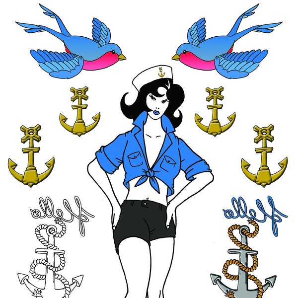 Sailor Girl Pin Up Girl Tattoos, Hello Sailor, Amy Swallow Bird, Anchor Temporary Tattoos Fancy Dress. Halloween