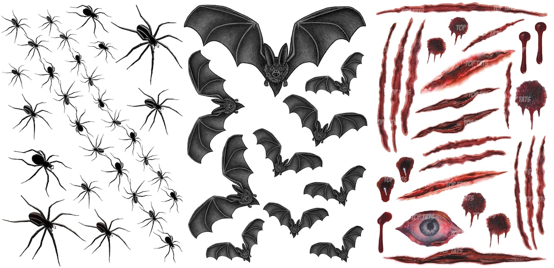 Halloween Bat and Scars Tattoos Vampire Bites, Zombie Wounds Blood Fake ...