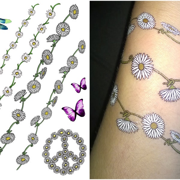 Funky Festival Flower Tattoos, Daisy Chain, Butterfly, Dragonfly Fancy Dress Temporary Tattoos Hippy Peace Sign by Top Tats