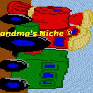 May include: A square crochet blanket featuring a pixelated design of a red and green vehicle with black wheels and blue accents. The text Grandma's Niche is printed in yellow across the center of the blanket, which has a brown and light blue background.