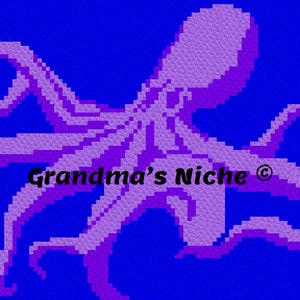 May include: Purple crochet octopus on a blue background. The octopus has eight tentacles and is in a curled position. The text "Grandma's Niche ©" is in the center of the image.