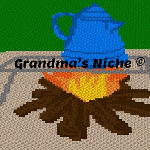 May include: A pixelated image of a campfire with a blue coffee pot on a metal grate. The fire is orange and yellow, and the logs are brown. The text "Grandma's Niche" is above the fire.