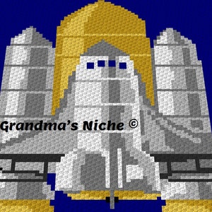 May include: A pixelated image of a space shuttle in shades of gray, yellow, and blue. The shuttle is centered on a blue background, with the text "Grandma's Niche" visible. The image is likely a craft or textile design.
