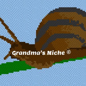 May include: A brown and black snail with a green leaf underneath it. The snail is on a light blue background. The text "Grandma's Niche ©" is on the snail's shell.