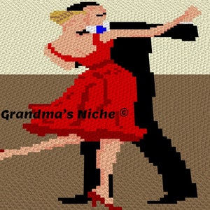 Puede incluir: Imagen pixelada de una pareja bailando, la mujer con un vestido rojo y el hombre con un traje negro. La mujer tiene el pelo rubio. El texto "Grandma's Niche" está en la esquina inferior izquierda.