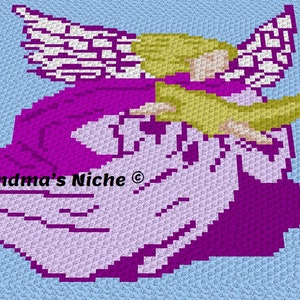 May include: A crochet pattern of an angel with purple, white, and yellow yarn. The angel has wings and is holding a crescent moon. The pattern is called "Grandma's Niche".