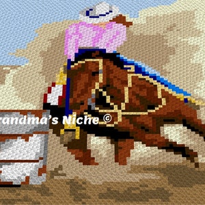 May include: A crochet pattern of a woman in a pink shirt and blue jeans riding a brown horse over a barrel. The horse is jumping over the barrel and the woman is holding onto the reins. The background is a light blue sky with white clouds.