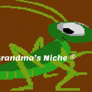 May include: A green pixelated grasshopper design on a brown background. The grasshopper has large white and black eyes and long antennae. The text "Grandma's Niche" is in white letters.