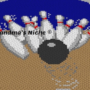 May include: A pixelated image of a bowling ball knocking down ten bowling pins. The bowling ball is black and the pins are white with red stripes. The background is blue and the pins are on a brown surface.
