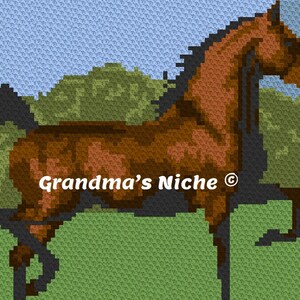 May include: A brown horse with a black mane and tail stands in a field of green grass. The horse is looking to the right and has its right leg raised. The text "Grandma's Niche ©" is visible in the lower center of the image.