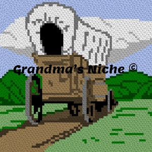 Puede incluir: Un carro cubierto blanco con un marco de madera marrón y ruedas. El carro está en un camino de tierra con hierba verde a cada lado. El cielo es azul con una nube blanca sobre el carro. El texto "Grandma's Niche®" es visible en la imagen.
