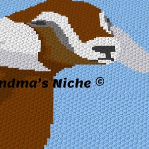 May include: Crochet pattern of a goose head with brown, white, and gray colors against a light blue background. The pattern is titled "Grandma's Niche".
