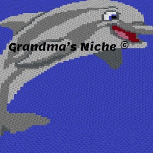 May include: A pixelated image of a gray and white dolphin leaping against a blue background. The dolphin has a smiling expression with a red tongue. The text "Grandma's Niche" is in the lower left corner.