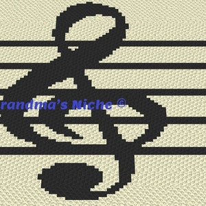 May include: A black crochet pattern of a treble clef on a white background with five black horizontal lines. The text "Grandma's Niche ©" is in blue text below the treble clef.