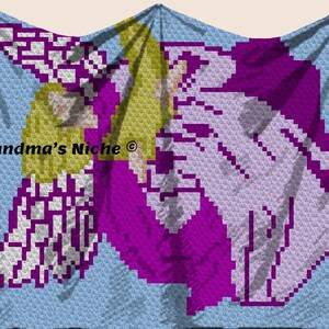 May include: A crochet pattern featuring two angels with purple, white, light blue, and yellow colors. The pattern is titled "Grandma's Niche".