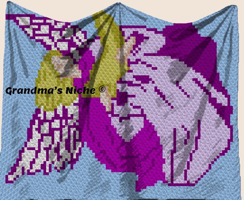 May include: A crochet pattern featuring two angels with purple, white, light blue, and yellow colors. The pattern is titled "Grandma's Niche".