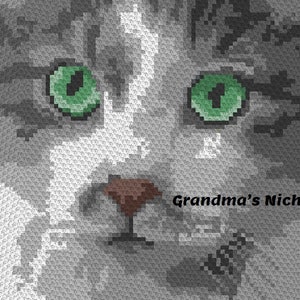 May include: Close-up of a cat's face with green eyes and a brown nose. The cat's fur is gray and white, and the image is pixelated, giving it a mosaic-like appearance. The text "Grandma's Niche ©" is visible in the lower right corner.