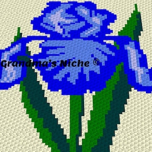 May include: A blue and green crochet pattern of an iris flower. The pattern includes the text "Grandma's Niche".