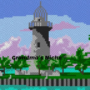 May include: Pixelated image of a lighthouse with a black and gray design, set against a backdrop of pink and blue clouds. Green trees and a pier are in the foreground. The text "Grandma's Niche" is visible.