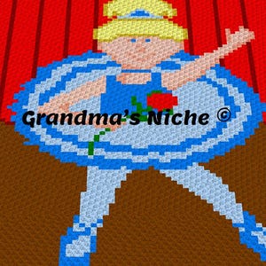 May include: A pixelated image of a ballerina in a blue dress with a white trim, holding a red rose. The background features a red curtain and the text "Grandma's Niche". The ballerina is in a dancing pose.