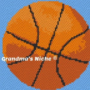 May include: A crocheted basketball with black stitching on an orange background. The basketball is on a blue background with the text "Grandma's Niche®" in white.