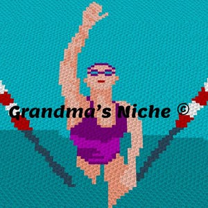 May include: A pixelated image of a swimmer in a purple swimsuit and goggles, with one arm raised. The swimmer is in a turquoise pool with red and white lane markers. The text "Grandma's Niche" is visible.