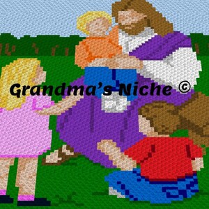 Jesus och barn - Virkmönster C2C, skriftliga instruktioner, diagonal, korsstygn, grafisk design, virkning, broderi, etc.