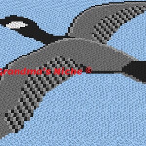 May include: A crochet pattern of a gray and black goose flying against a light blue background. The pattern is titled "Grandma's Niche".