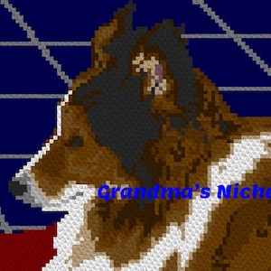 Puede incluir: Un perro Collie marrón y blanco con pelo negro alrededor de las orejas y los ojos. El perro está mirando hacia la izquierda de la imagen. El fondo es un patrón azul y blanco.
