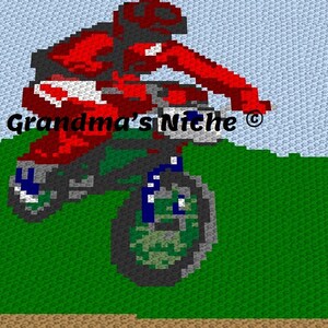 Peut inclure: Une image pixélisée d'un pilote de motocross rouge et noir sur une moto de cross verte et noire. Le pilote porte un casque rouge et un maillot rouge et blanc. L'arrière-plan est un ciel bleu avec des nuages blancs et de l'herbe verte.