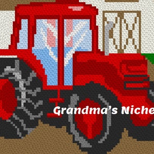 May include: A red toy tractor with black wheels and a blue window. The tractor is on a brown surface with green grass in the background.