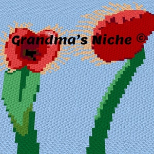 May include: A crochet pattern featuring two red tulips with green stems and leaves on a light blue background. The pattern includes the text "Grandma's Niche".