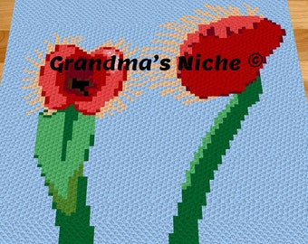 May include: A crochet pattern featuring two red tulips with green stems and leaves on a light blue background. The pattern includes the text "Grandma's Niche".