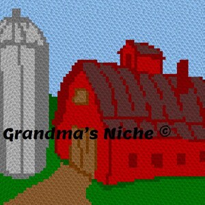 May include: A pixelated image of a red barn with a brown roof and a gray silo. The barn has a brown door and a small window. The text "Grandma's Niche" is written in black.