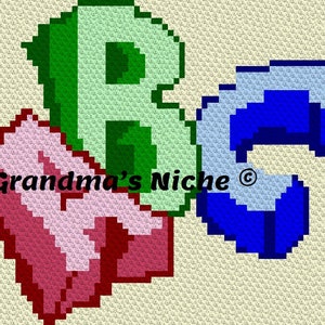 Peut inclure: Une image au crochet des lettres "R" en vert, "S" en bleu et "P" en rose. Les lettres sont stylisées et ont un effet 3D. L'image est intitulée "Grandma's Niche".